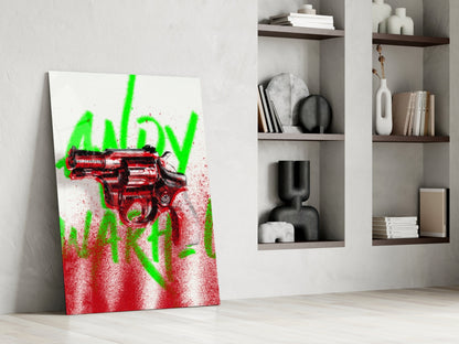 Pop Art Portrait with Gun Glass Wall Art || Designer Collection