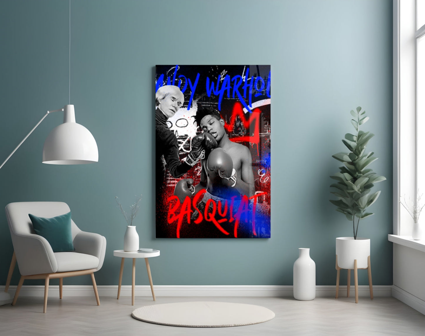 Red Blue Graffiti Boxers Clash Glass Wall Art