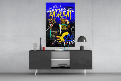 Blue Yellow Masked Figure Glass Wall Art