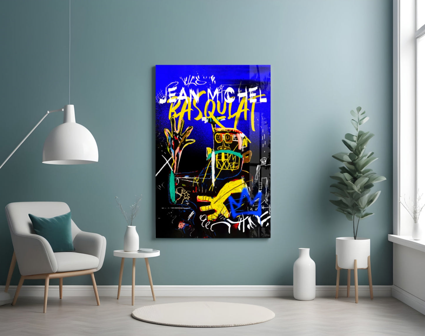 Blue Yellow Masked Figure Glass Wall Art