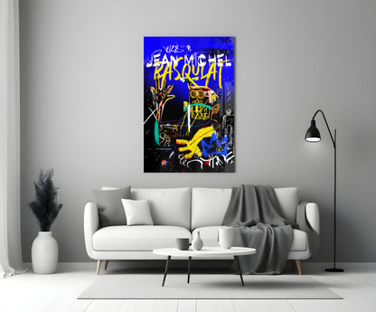 Blue Yellow Masked Figure Glass Wall Art