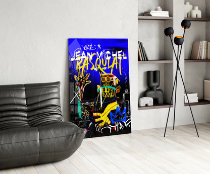 Blue Yellow Masked Figure Glass Wall Art