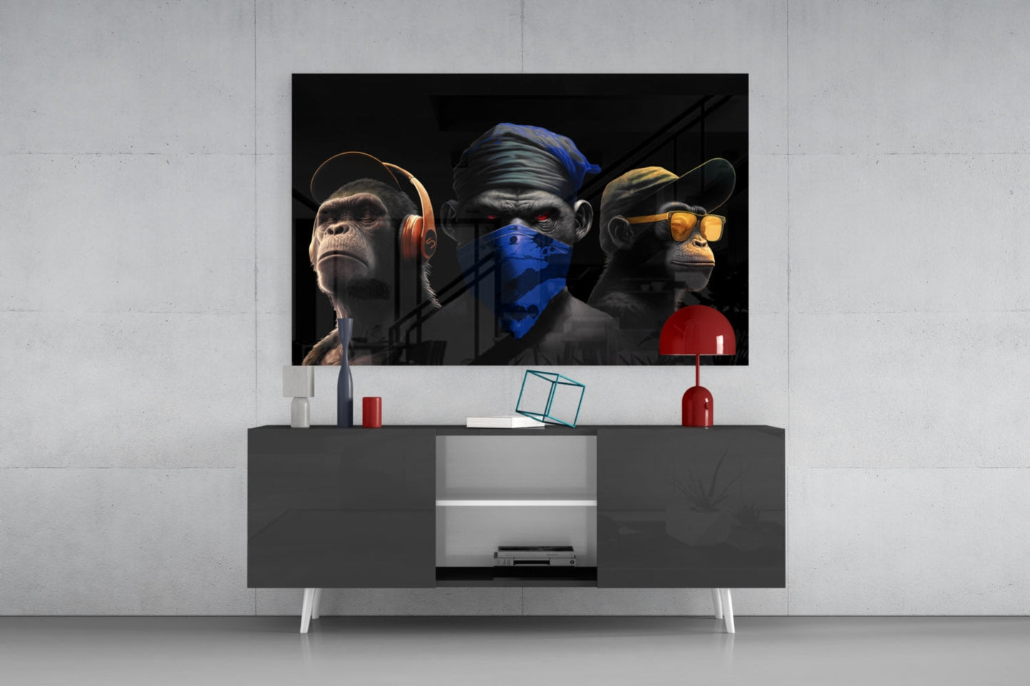 Three stylized monkeys wearing headphones, bandana, and sunglasses displayed on wall-mounted TV above dark media console with red lamp and accessories.