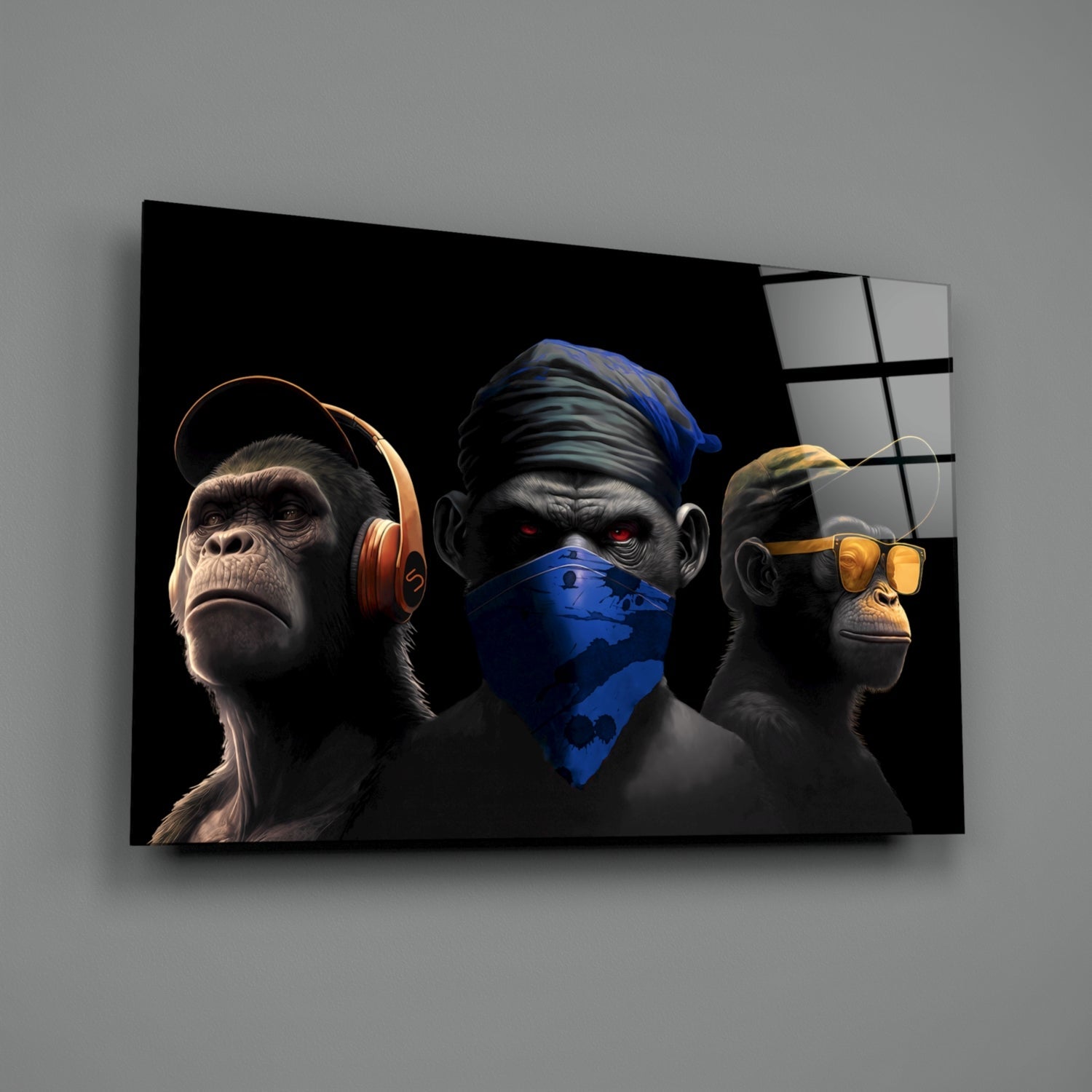 Three stylized monkeys wearing headphones, face mask, and sunglasses displayed on black glass wall art with gray background.