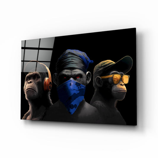 Three stylized primates wearing headphones, face mask, and sunglasses displayed on angled black glass panel against white background.
