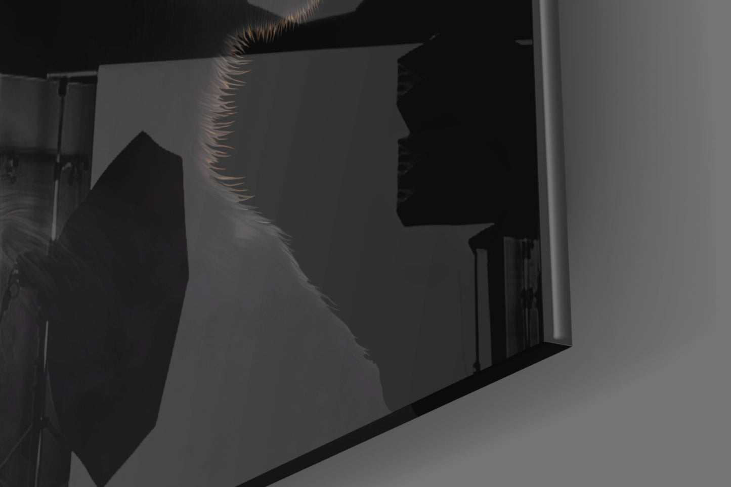 Backlit silhouette of three wise monkeys glass wall art mounted on white wall, showing profile shadows with warm rim lighting.
