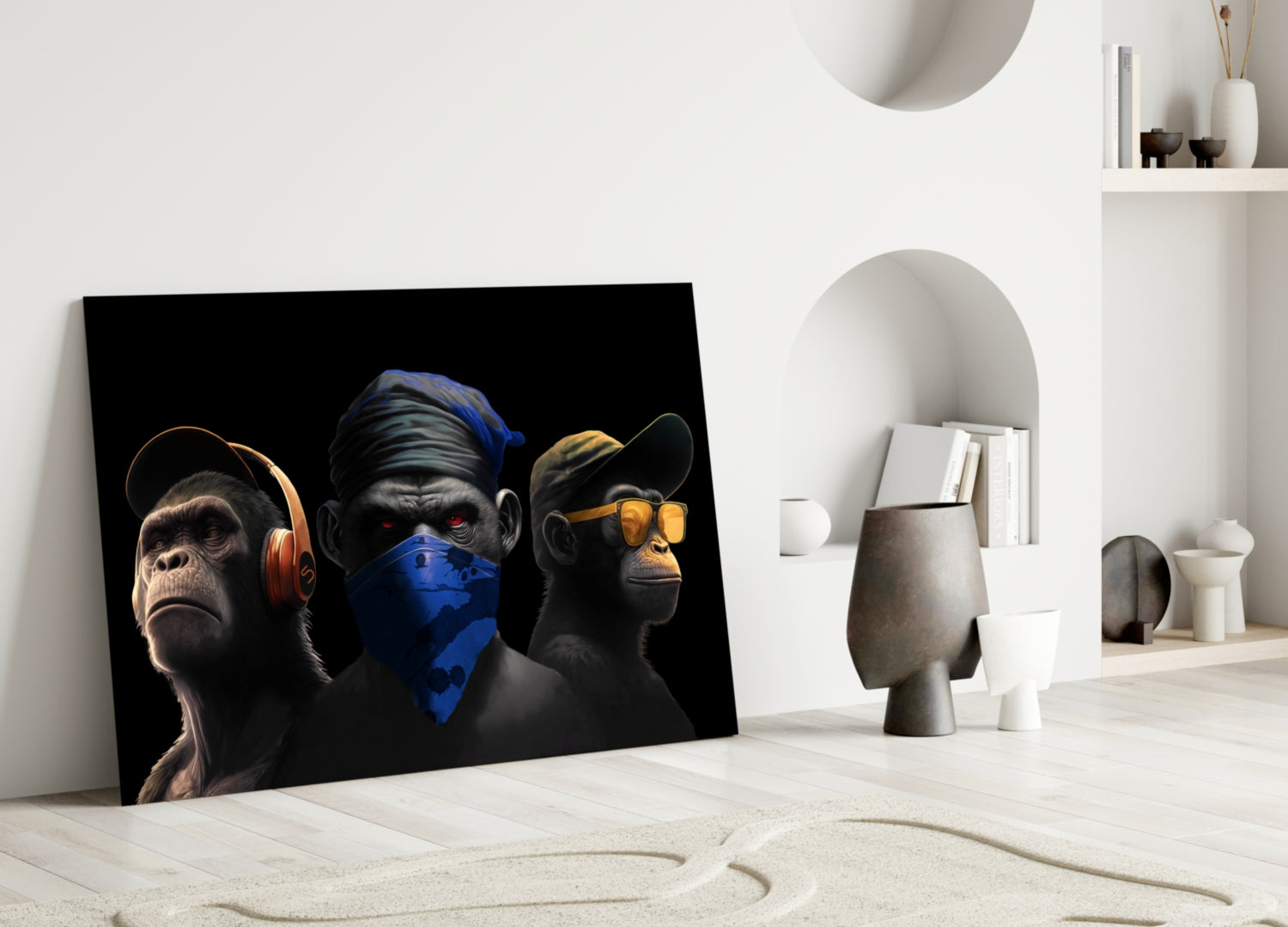 Three stylized monkeys with headphones, blue bandana, and gold sunglasses leaning against white wall in minimalist room setting.