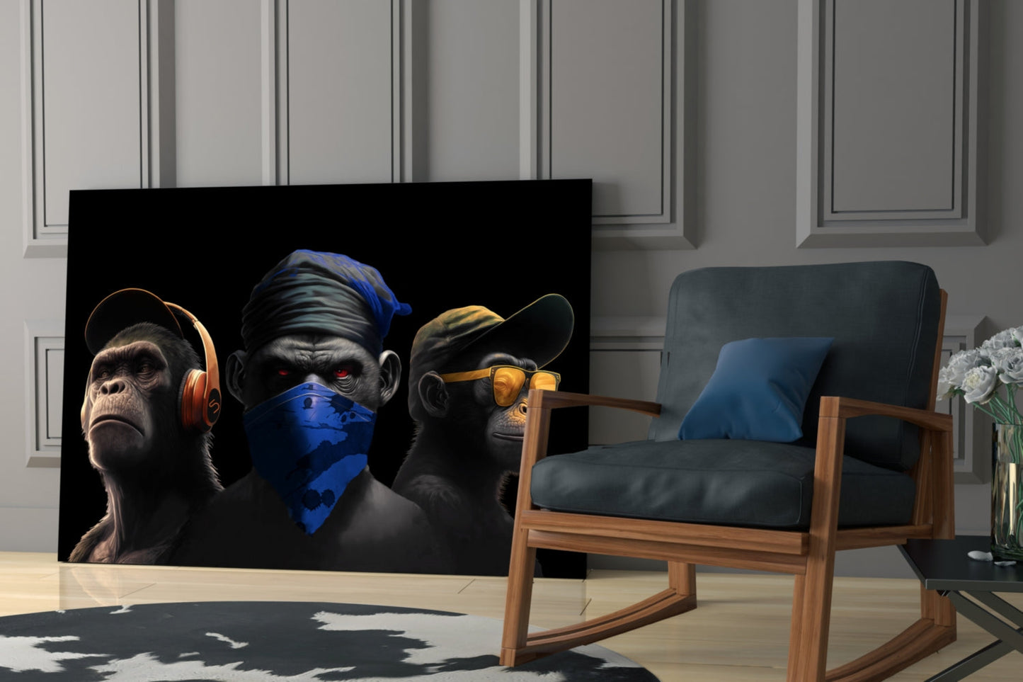 Three stylized monkeys with headphones, bandana, and sunglasses displayed on black glass panel in modern living room setting.