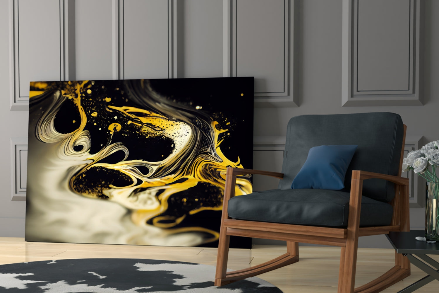 Golden Splash Glass Wall Art leaning against wall in modern room with mid-century wooden chair and blue cushion.