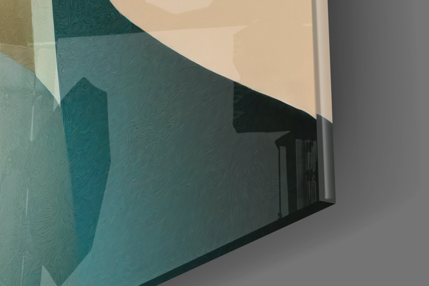 Abstract glass wall art panel with layered teal and cream geometric shapes, displayed at an angle showing depth and shadow.