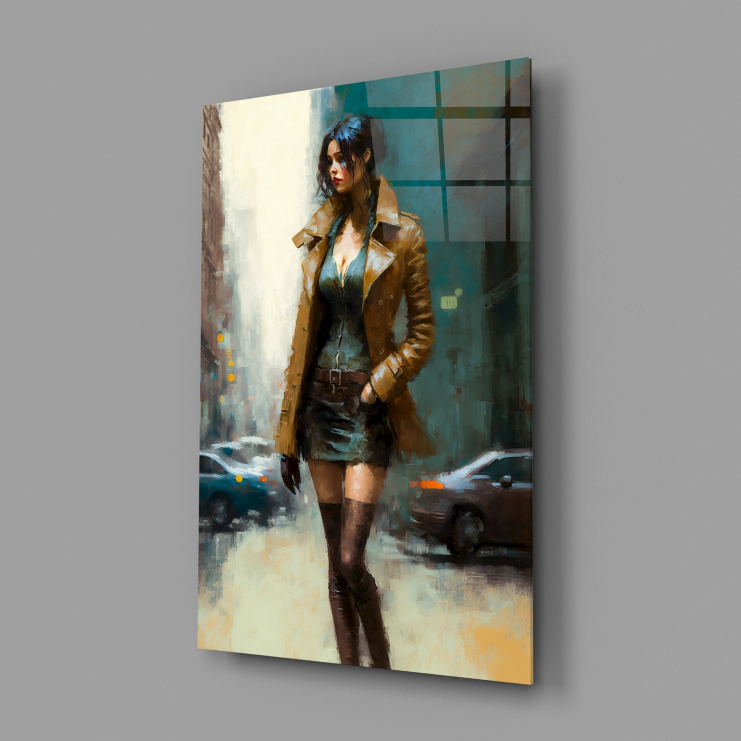 Glass wall art displaying a woman in a brown leather coat standing on an urban street with teal-toned buildings and parked cars.