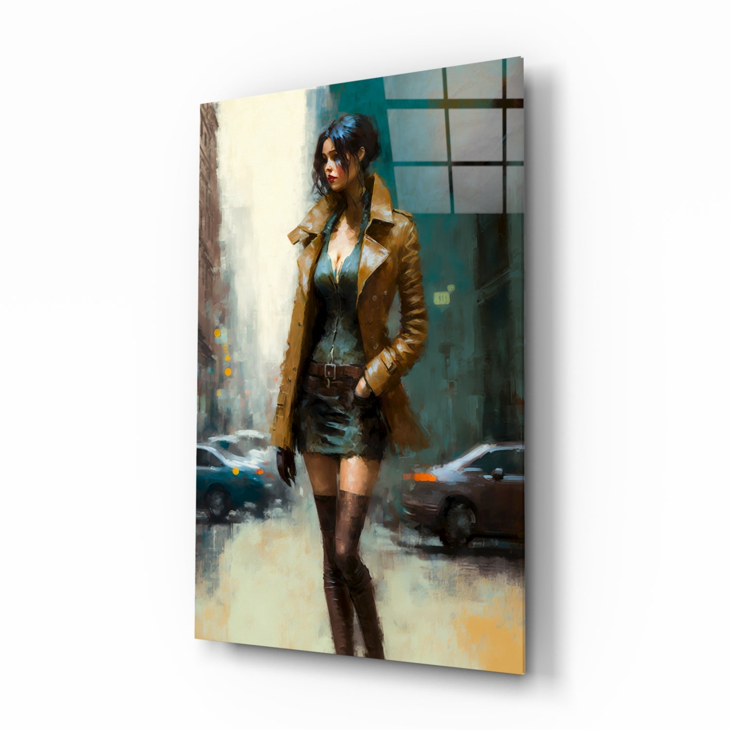 Glass wall art showing a woman in a brown leather jacket standing on an urban street with parked cars and buildings visible behind her.