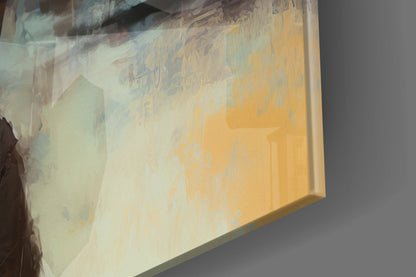 Close-up angled view of frosted glass wall art showing yellow and cream tones with subtle decorative patterns and shadow details.
