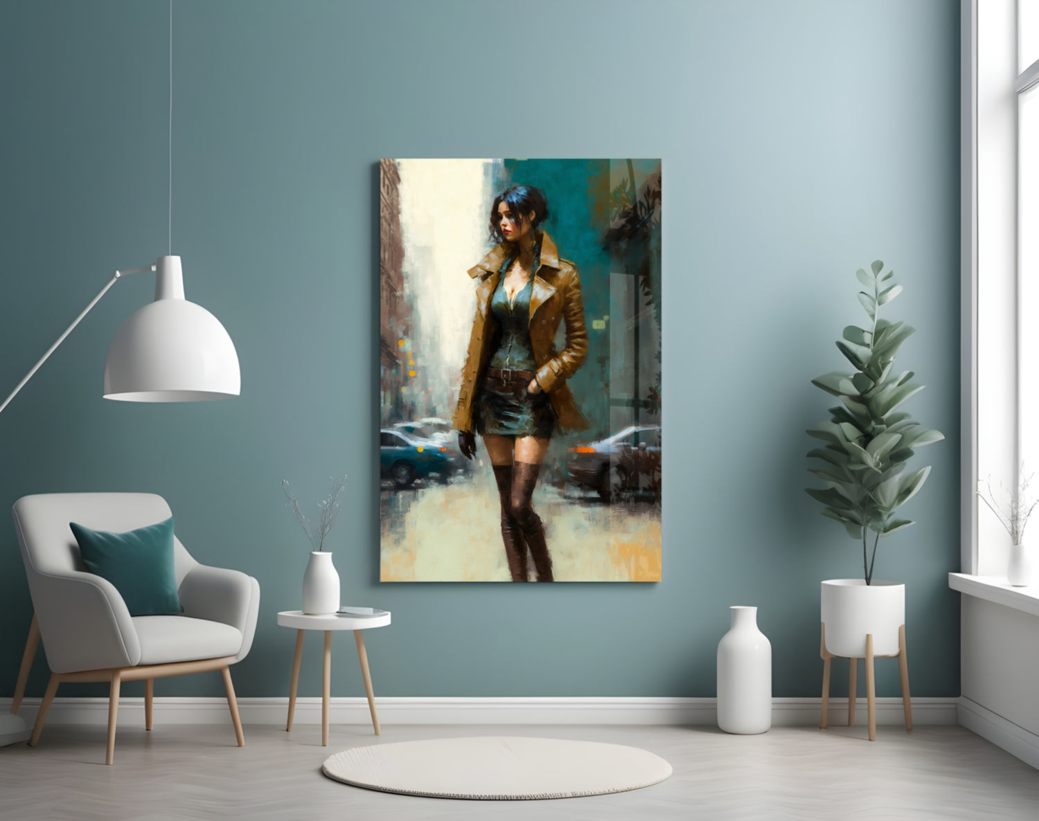 Portrait painting of woman in tan coat and teal dress displayed on teal wall above white chair and potted plant.