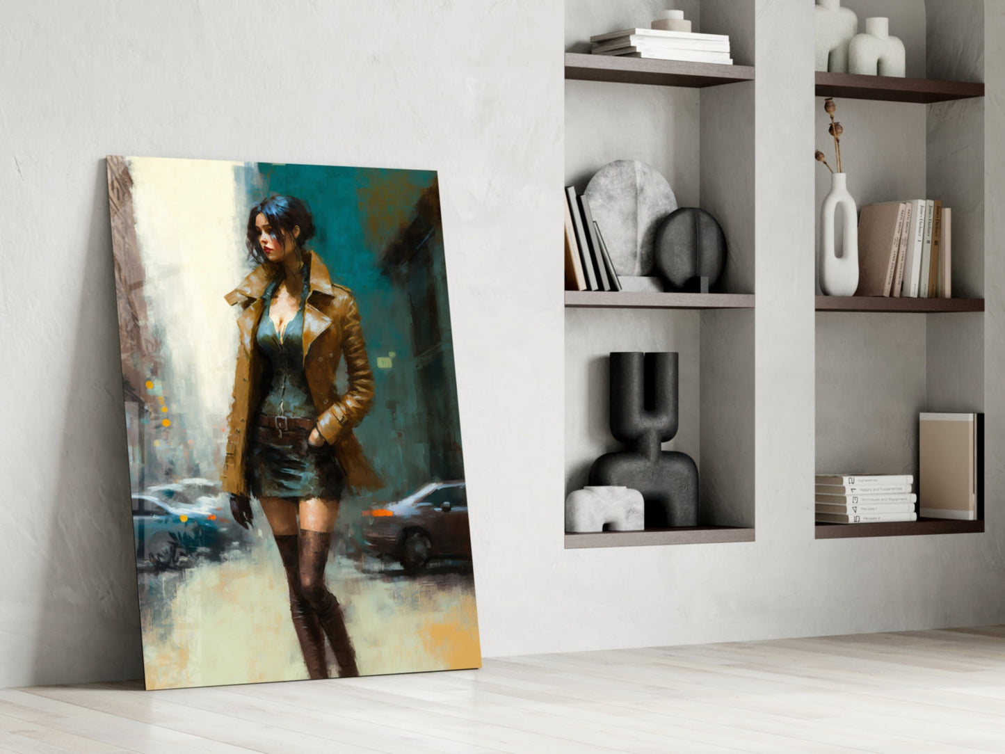 Glass art panel leaning against white wall displays illustrated woman in tan coat against teal and yellow urban background, displayed in modern interior setting.