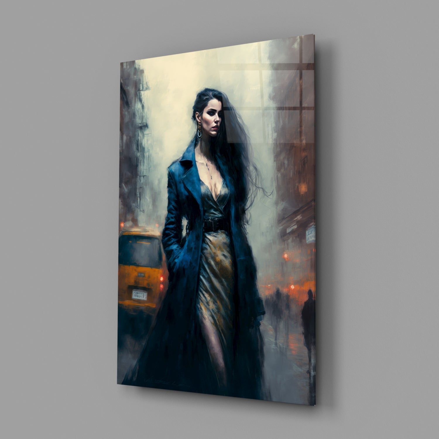 Glass wall art panel displaying a woman in dark blue coat standing on an urban street with yellow taxi and misty cityscape background.