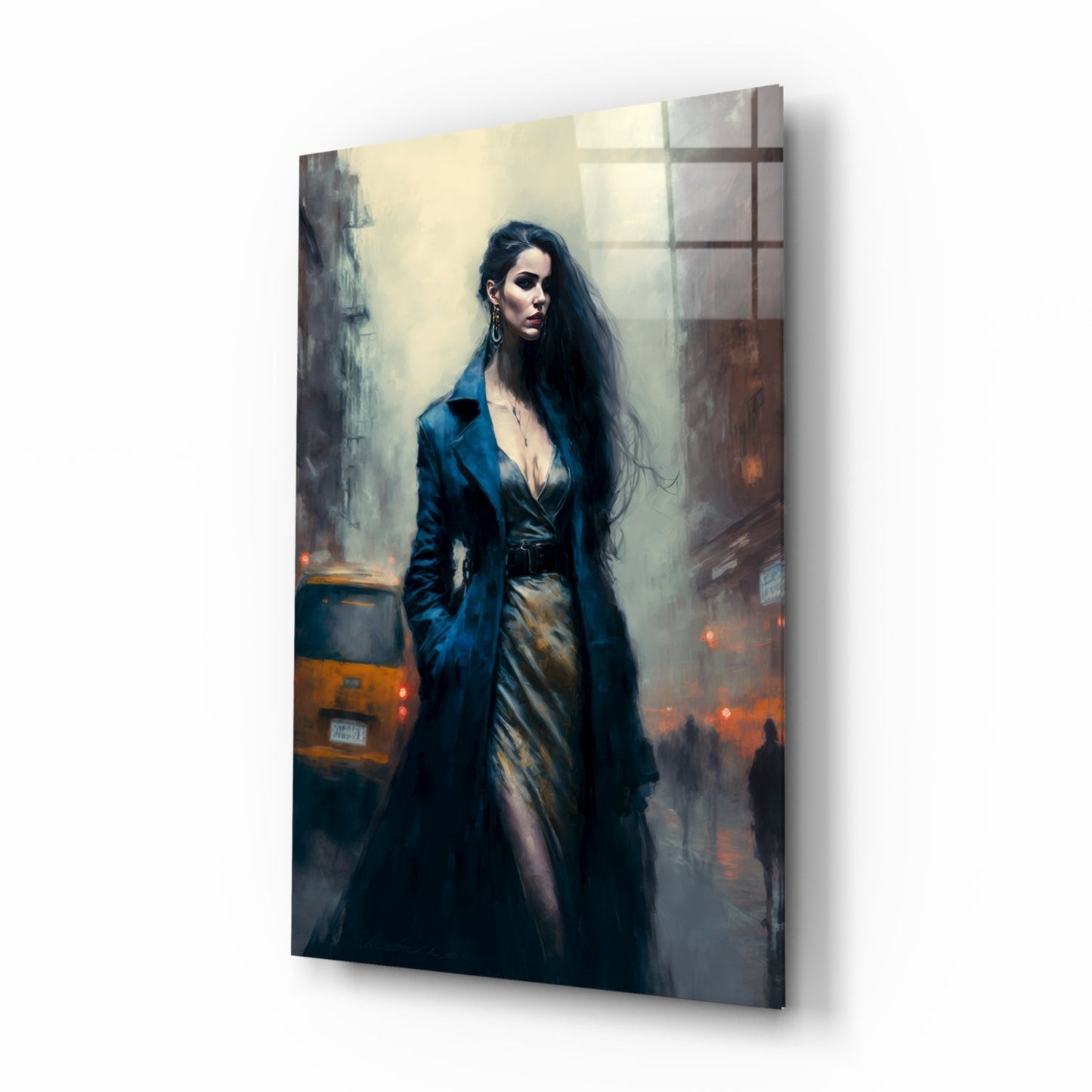 Glass wall art panel displaying a woman in dark coat standing in urban street scene with yellow taxi and muted architectural background.