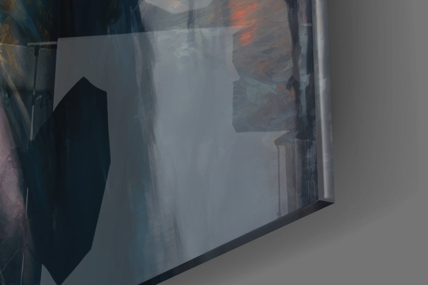 Close-up side angle of glass wall art showing translucent silhouette with warm amber and cool blue tones.