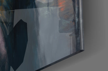 Close-up side angle of glass wall art showing translucent silhouette with warm amber and cool blue tones.