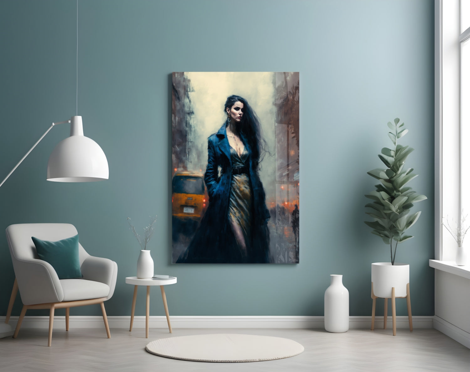 Glass wall art depicting a woman in a blue coat standing in an urban setting, displayed in a modern room with teal walls.