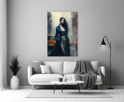 Glass wall art depicting a woman in dark blue coat standing in an urban setting, displayed above a white sofa in a modern living room.