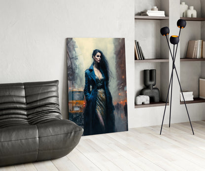 Modern living room interior featuring a vertical glass wall art panel depicting a woman in a blue coat against an urban backdrop.