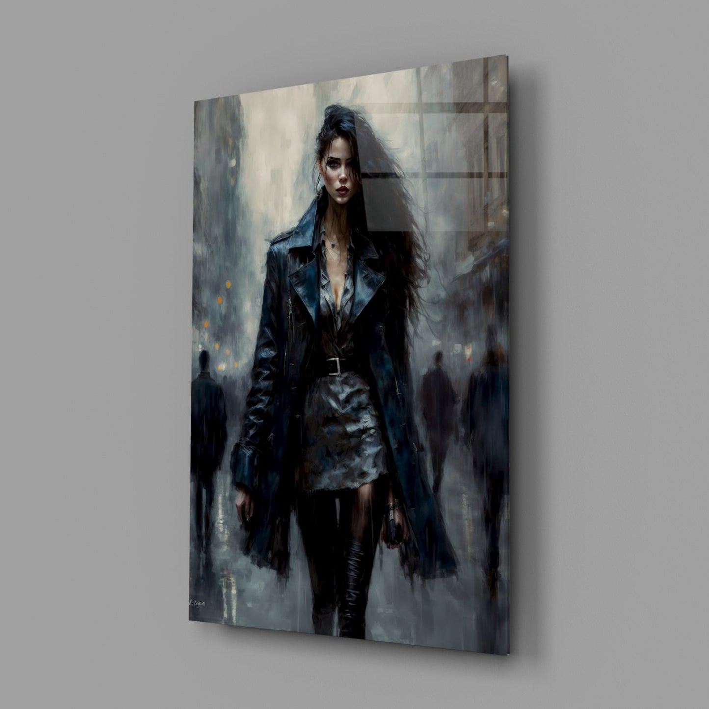 Glass wall art mounted on gray wall showing a woman in black leather jacket and skirt walking through a blurred urban street scene.