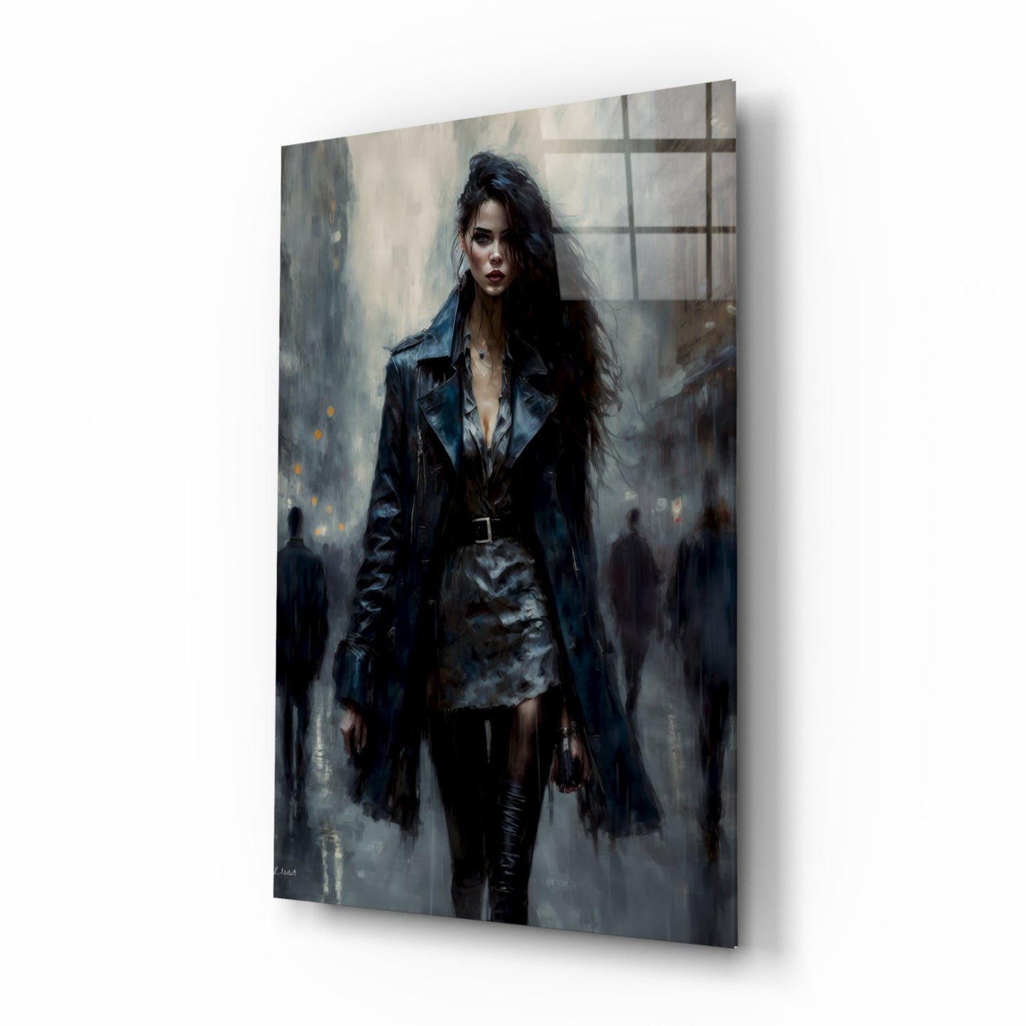 Woman in black leather jacket and skirt standing in rainy urban street with blurred figures and window reflections in background on glass wall art.