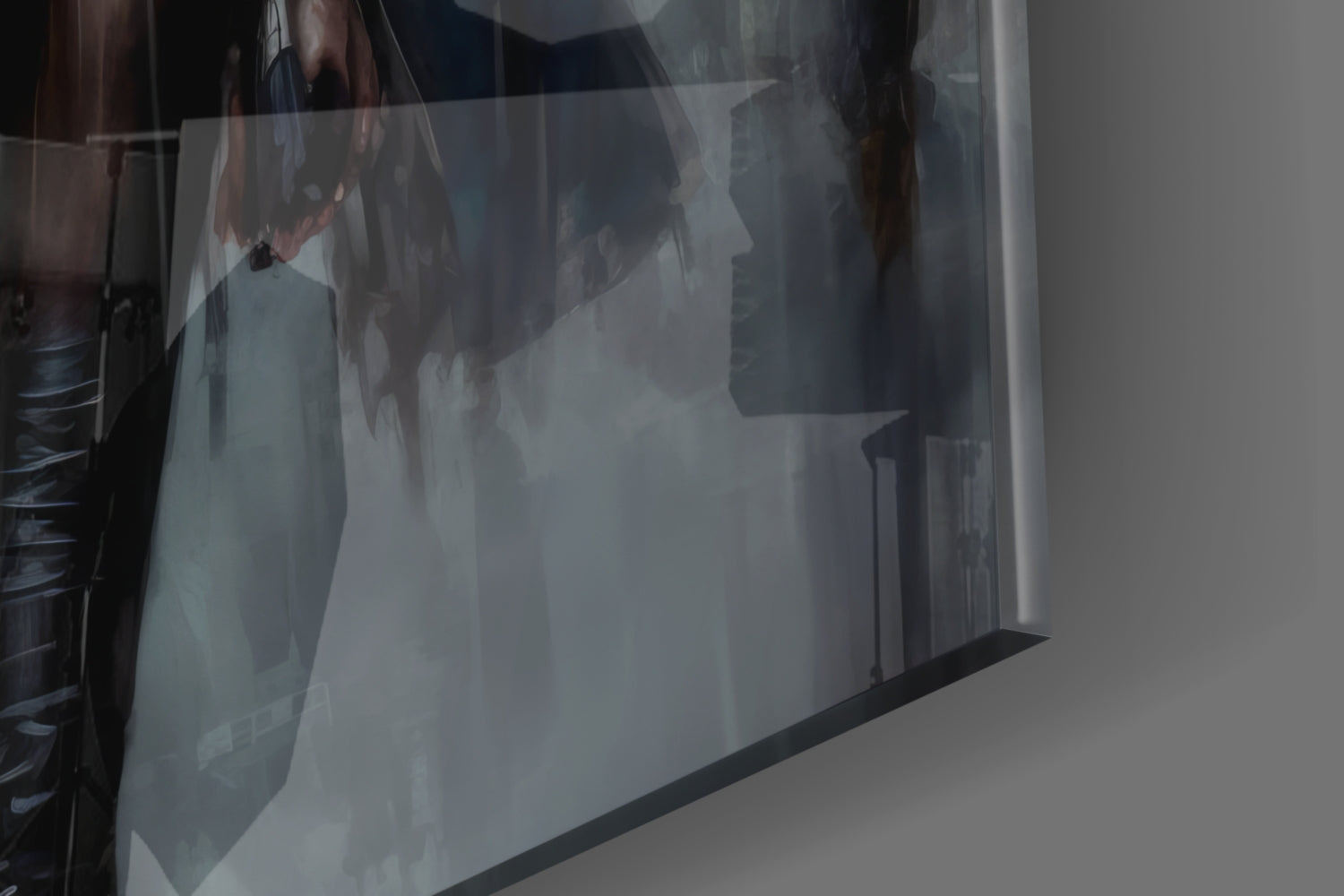 Close-up side view of translucent glass wall art panel showing silhouetted female profile figure against frosted white and gray surface.