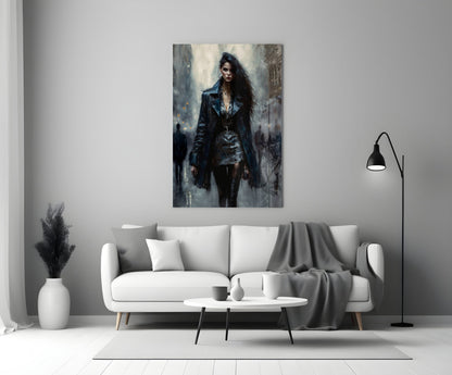 Glass wall art depicting a woman in dark leather jacket and long black hair standing in an urban setting, displayed above a white sofa in a modern living room.