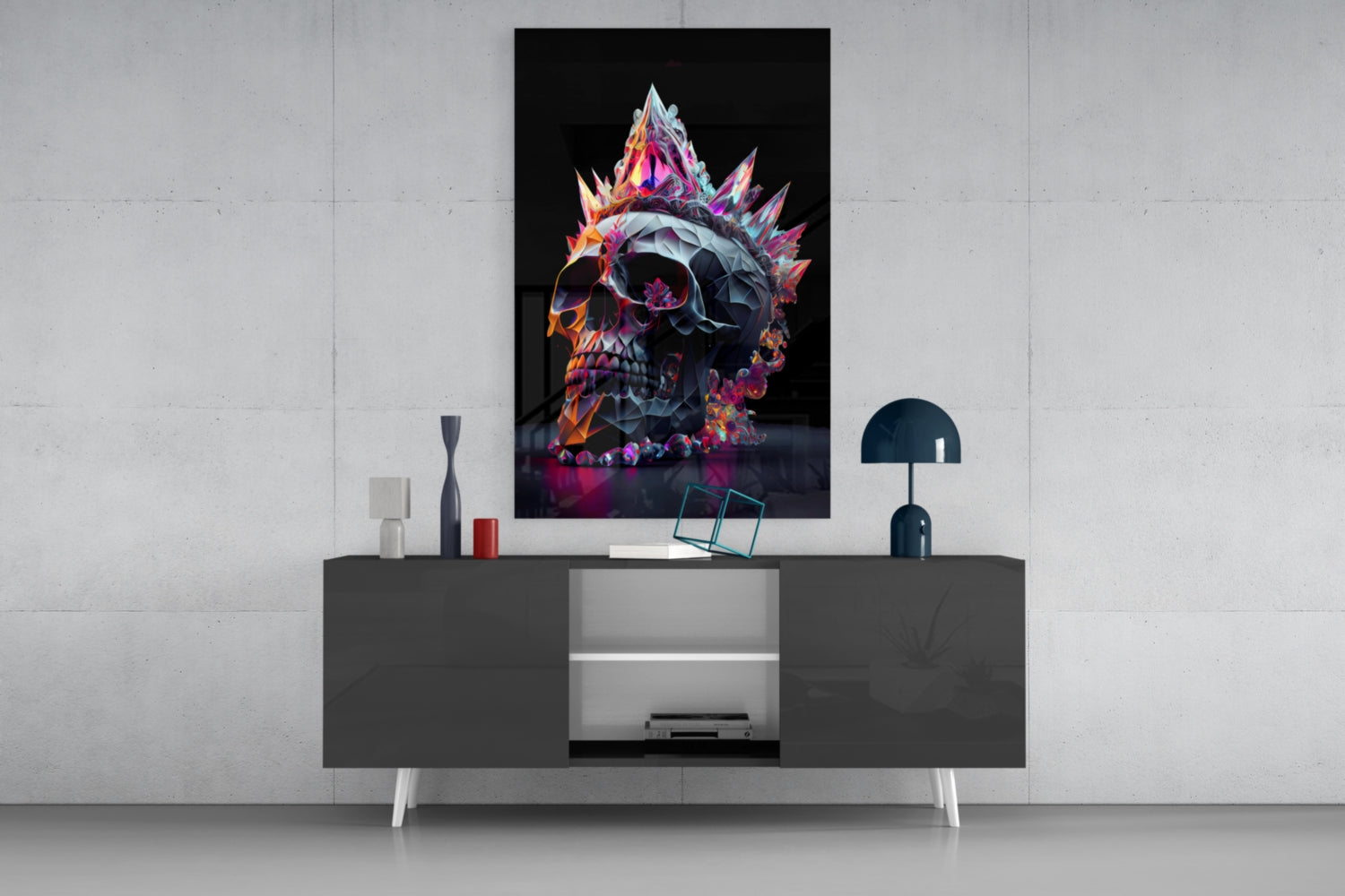 Colorful crystalline skull with vibrant pink, orange, and purple geometric spikes displayed on a dark console table in a modern interior setting.