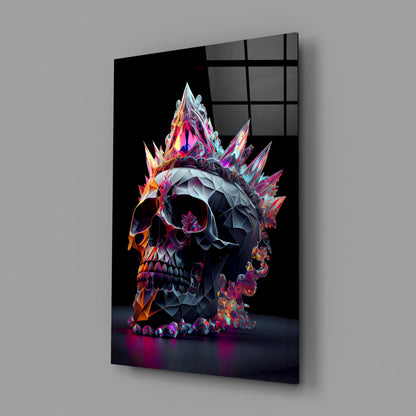 Diamond Skull Glass Wall Art displayed at an angle showing vibrant neon pink, orange, and blue crystalline skull with geometric spikes against black background.
