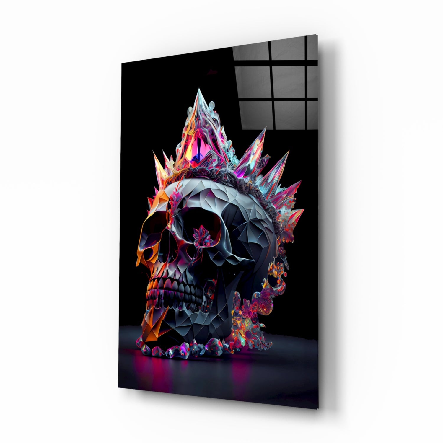 3D rendered skull with crystalline spikes and vibrant neon pink, orange, and purple faceted surfaces against black background, displayed on glass panel.
