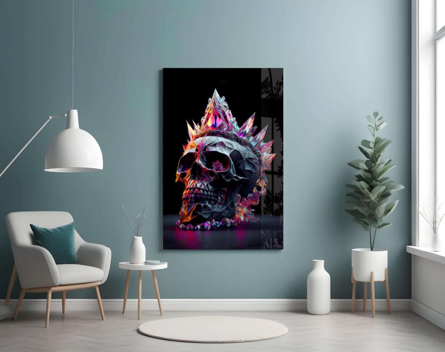 Colorful diamond skull glass art displayed on teal wall above white chair in modern living room setting.