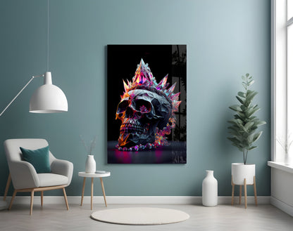 Colorful diamond skull glass art displayed on teal wall above white chair in modern living room setting.