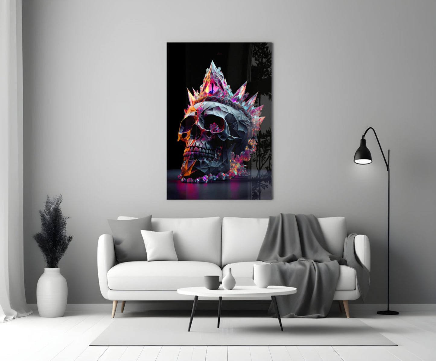 Colorful diamond skull glass wall art with neon pink, orange, and blue crystalline spikes displayed above a white sofa in a modern living room.