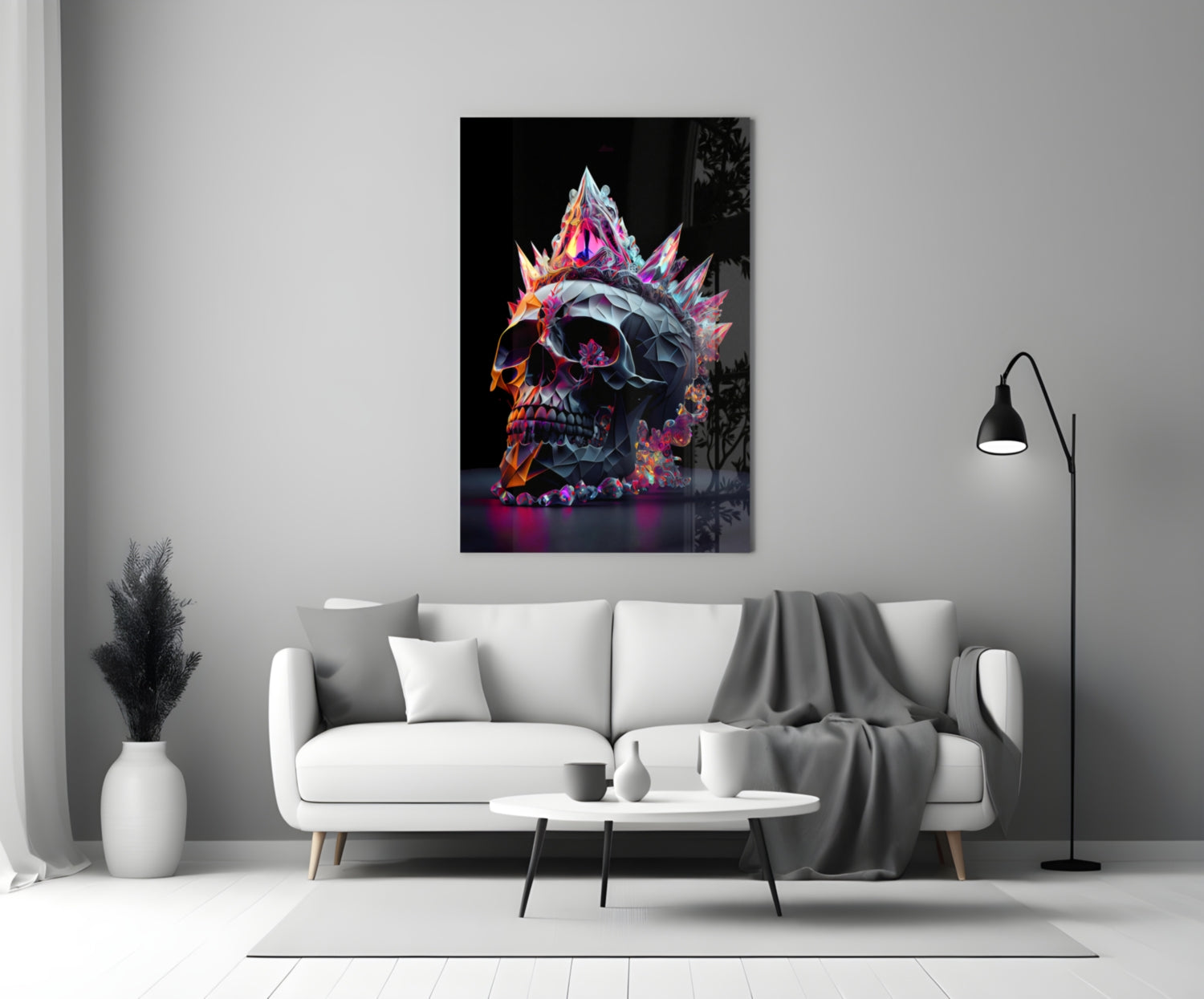 Colorful diamond skull glass wall art with neon pink, orange, and blue crystalline spikes displayed above a white sofa in a modern living room.