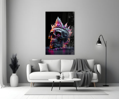 Colorful diamond skull glass wall art with neon pink, orange, and blue crystalline spikes displayed above a white sofa in a modern living room.