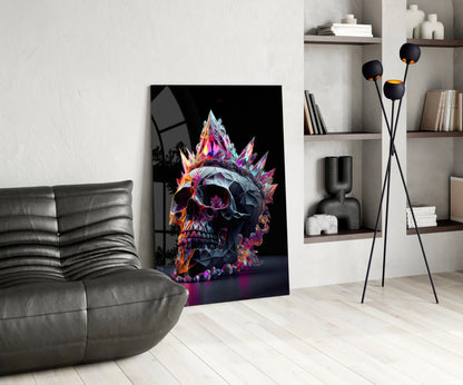Vibrant neon-colored crystal skull artwork displayed in modern living room with gray leather sofa and shelving.