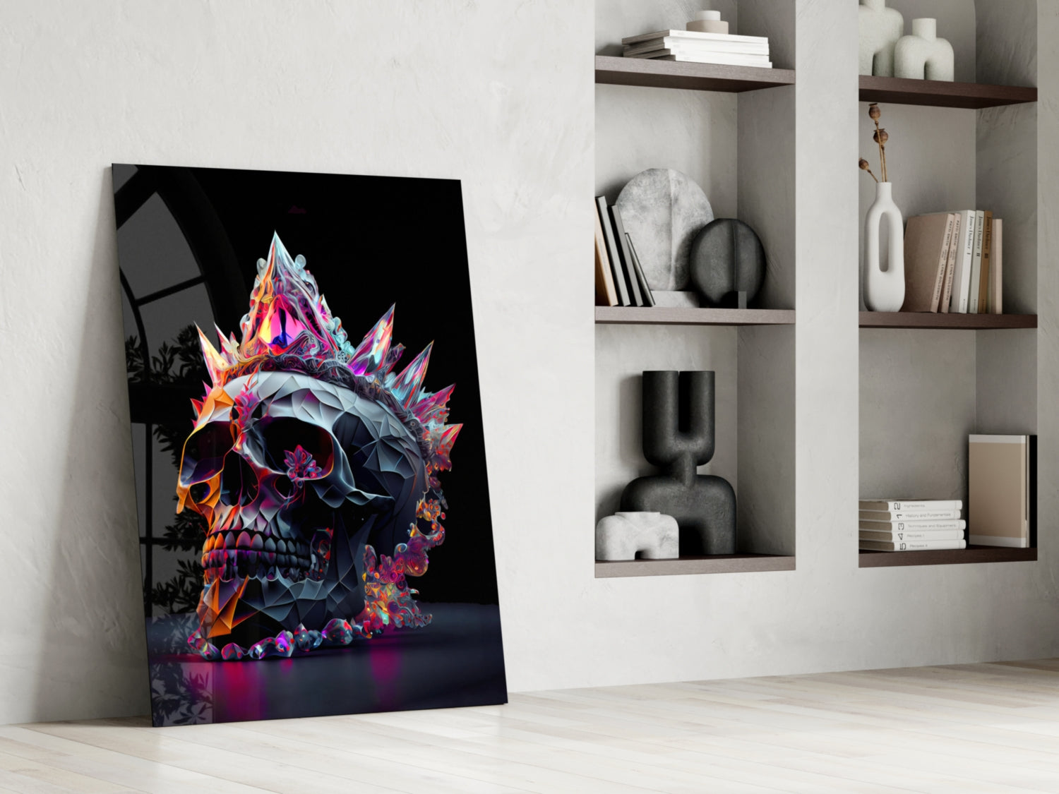 Colorful neon diamond skull artwork leaning against white wall beside shelving unit with decorative objects.
