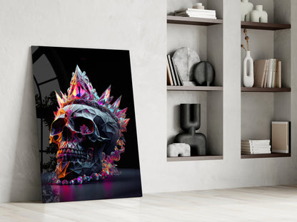 Colorful neon diamond skull artwork leaning against white wall beside shelving unit with decorative objects.