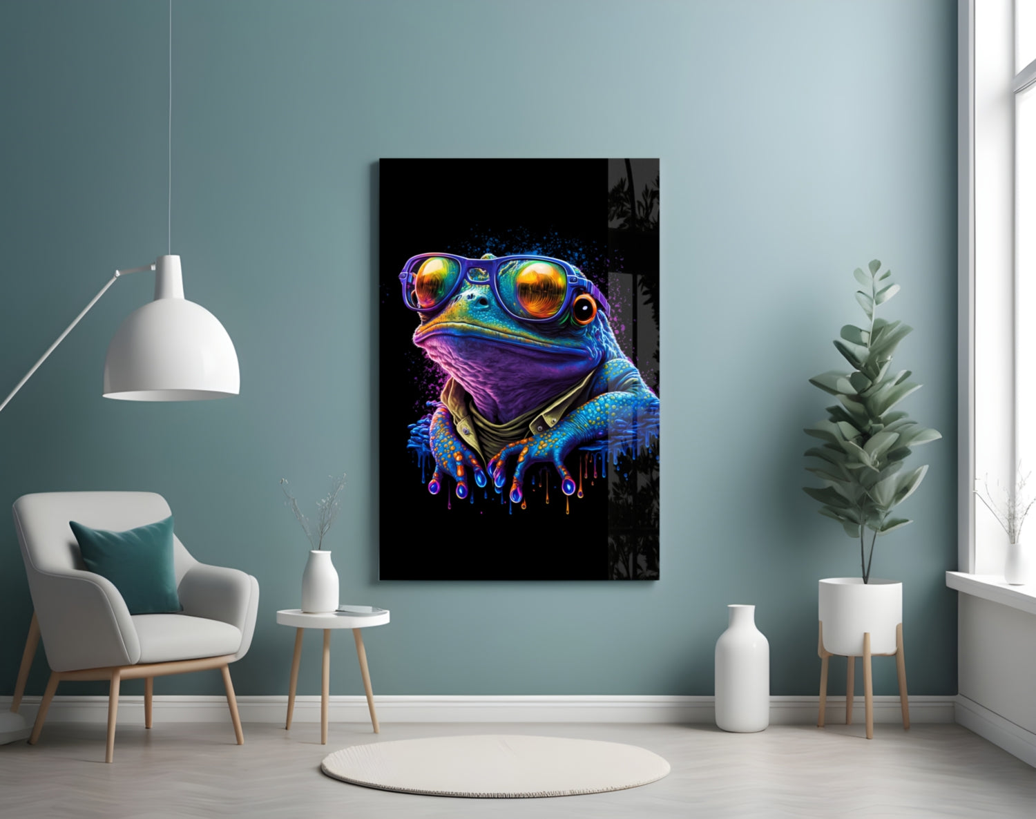 Neon-colored frog wearing sunglasses and purple bandana displayed on teal wall above white chair and potted plant.