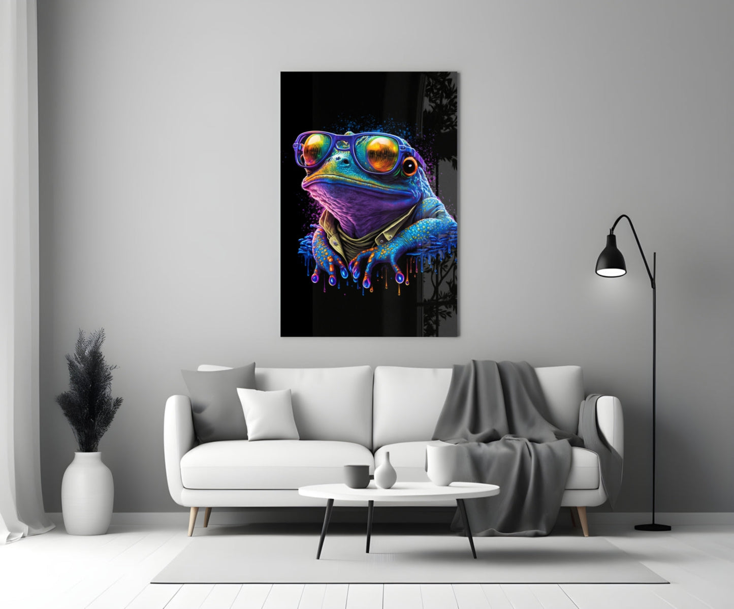Vibrant neon frog artwork displayed on white living room wall above gray sofa and coffee table.