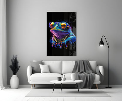 Vibrant neon frog artwork displayed on white living room wall above gray sofa and coffee table.