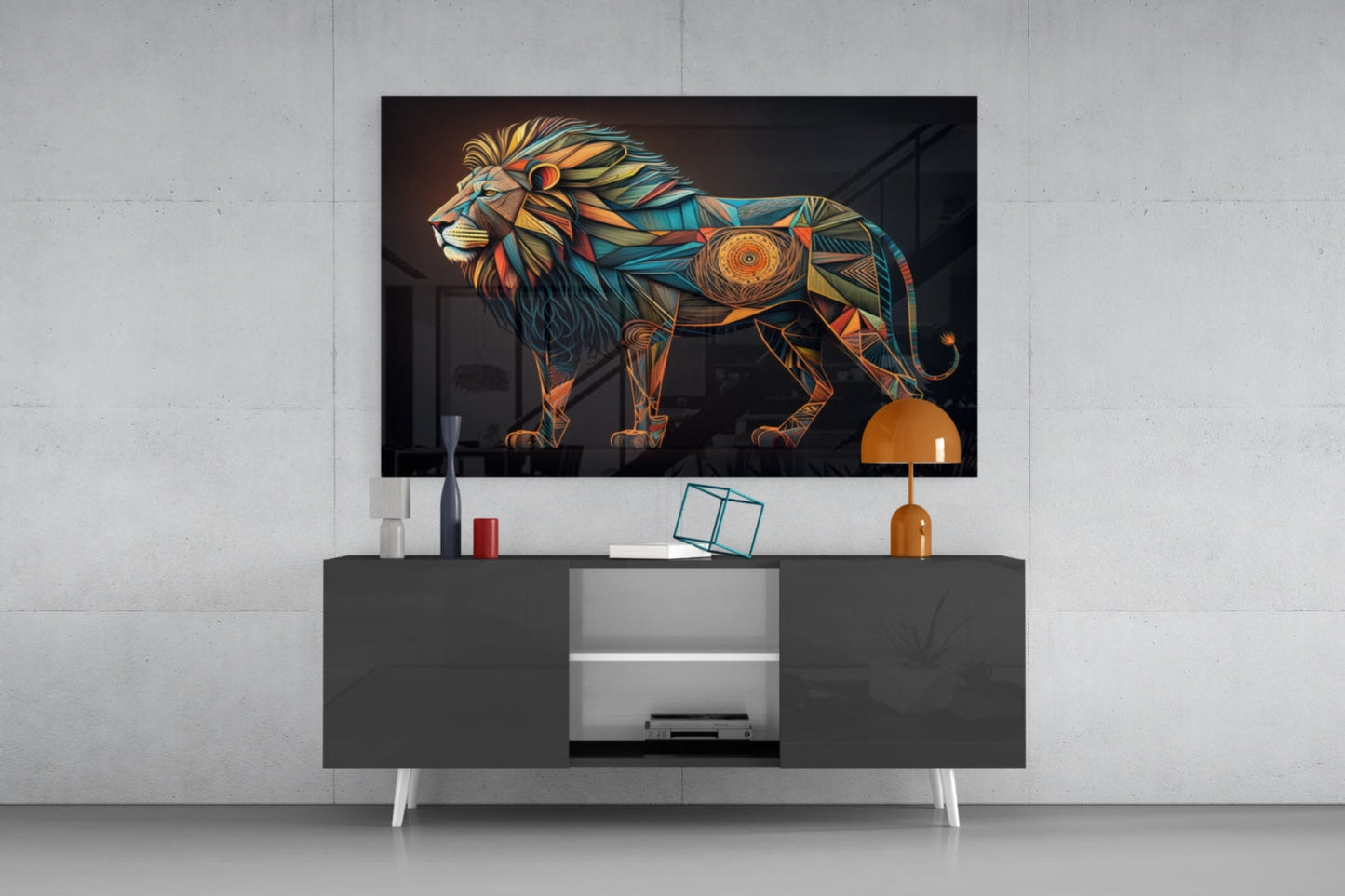 Geometric Mosaic Lion Glass Wall Art