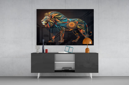 Geometric Mosaic Lion Glass Wall Art