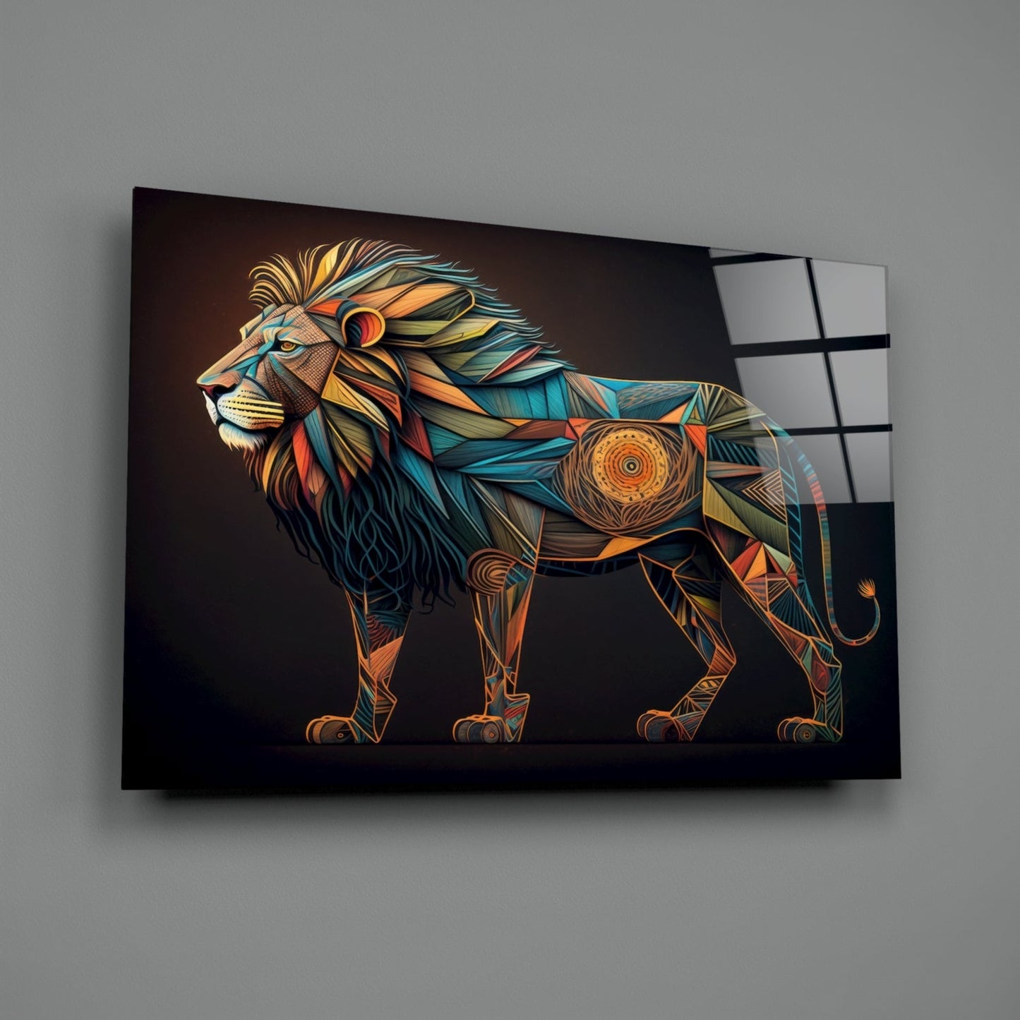 Geometric Mosaic Lion Glass Wall Art