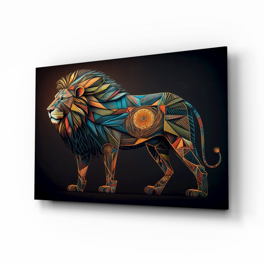 Geometric mosaic lion in profile facing left on dark background, displayed as angled glass panel with orange, blue, and gold patterned sections.