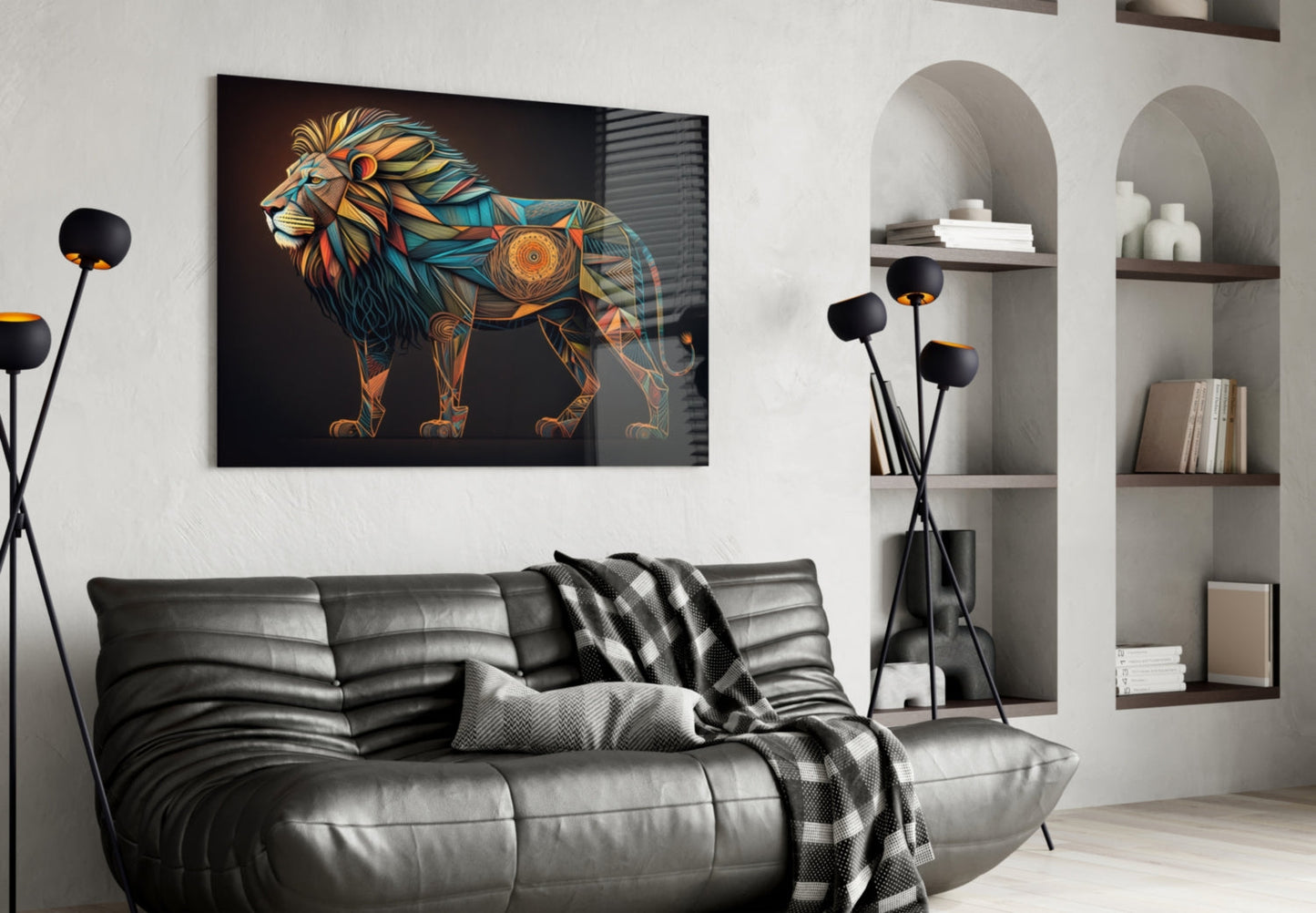 Geometric Mosaic Lion Glass Wall Art