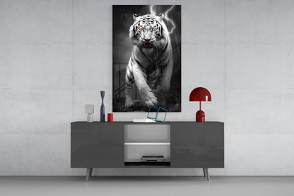 Black and white portrait of a white tiger with glowing amber eyes and lightning effects, displayed above a gray modern console table with red decorative accents.